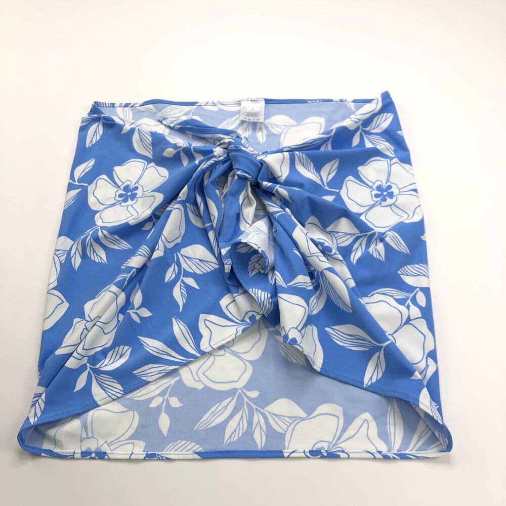 Lands End L/XL Blue White Swim A Line Nylon Spandex Wrap Tie Bow Skirt